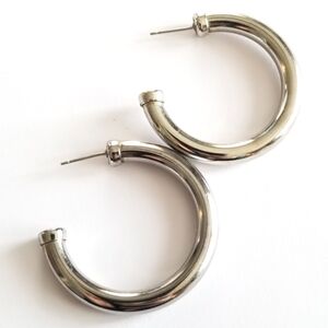 Tube hoop earrings Silver tone metal large